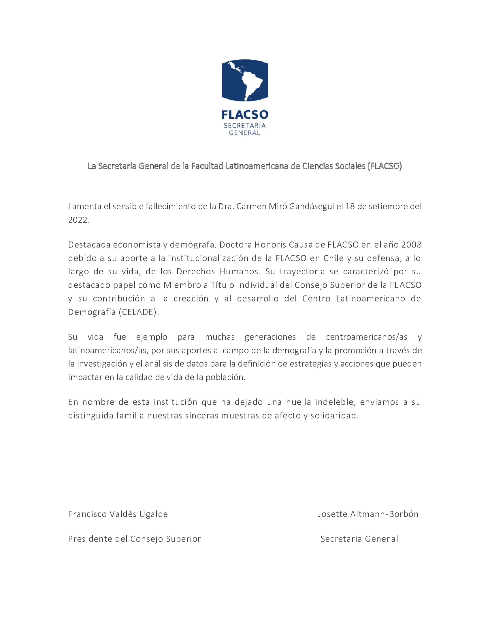 La Secretaria General de la FLACSO lamenta el fallecimiento de la Dra. Carmen Miró